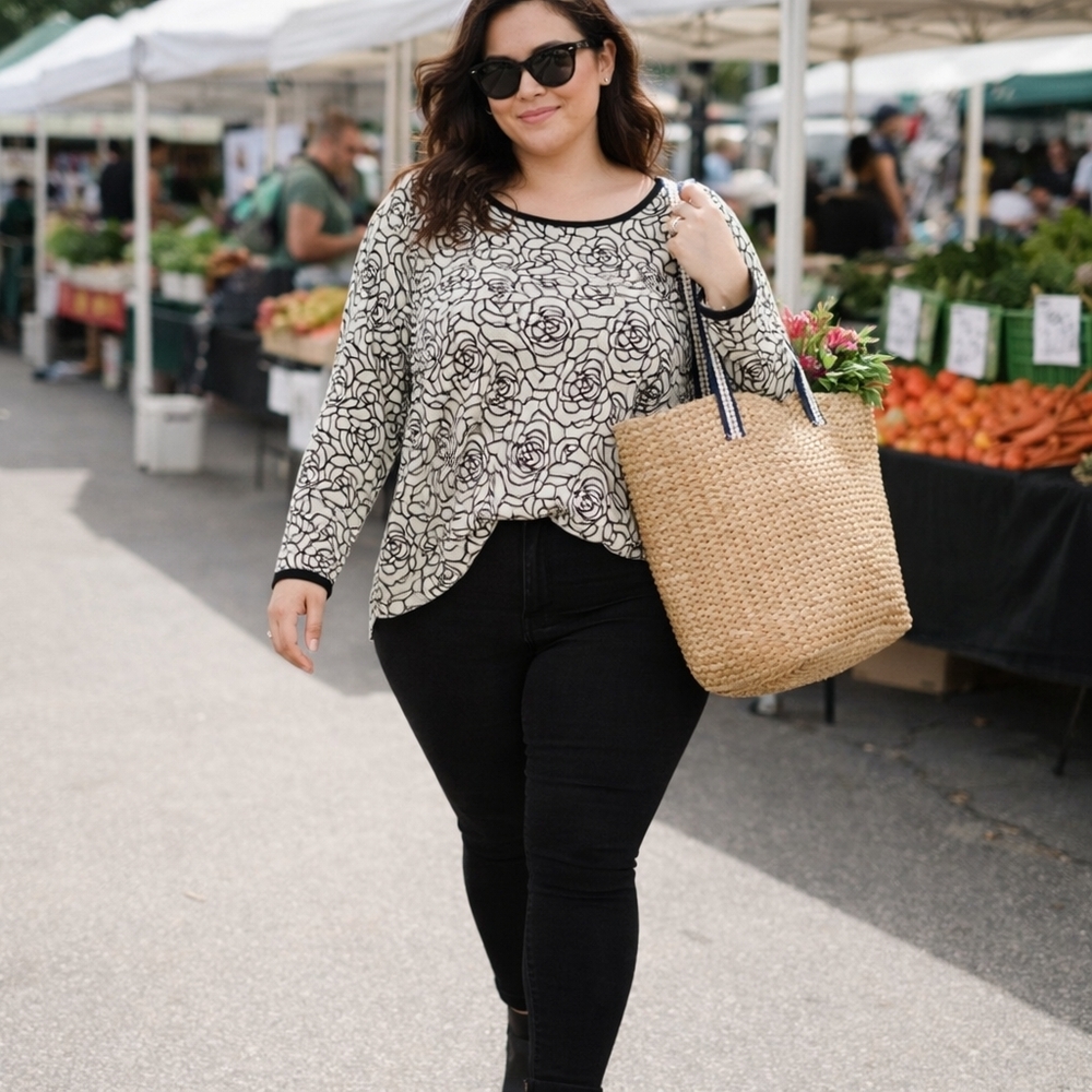 Black White Floral Top XL Pockets Long Sleeve Casual Chic - Picture 5 of 11